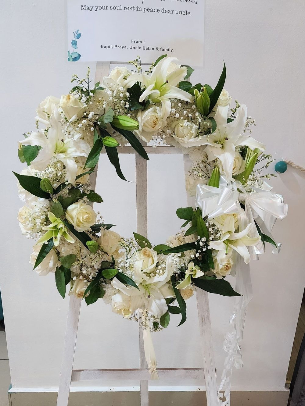 White Lily & White Rose Wreath with Wood Stand