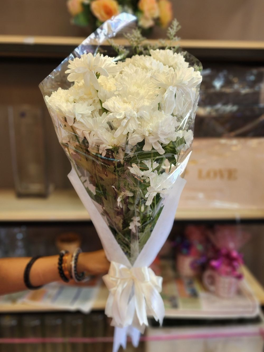 Bouquet of White Chrysanthemum Flower - 12 stalks wrapped with ribbon bow
