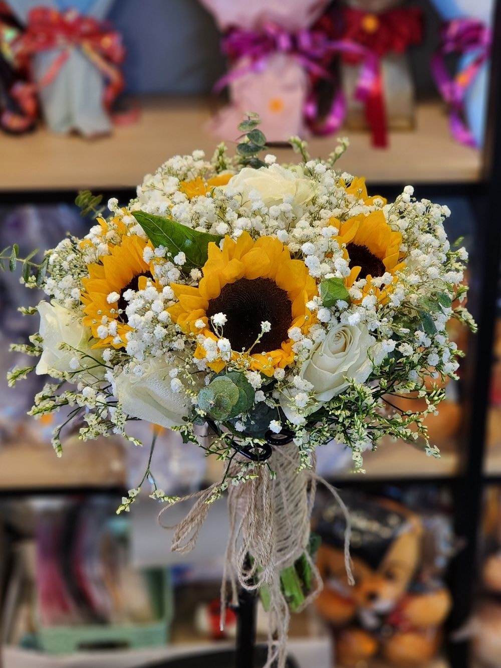 Medium size: 10 Stalk White Rose and 6 Sunflower with Baby Breath hand bouquet for bride