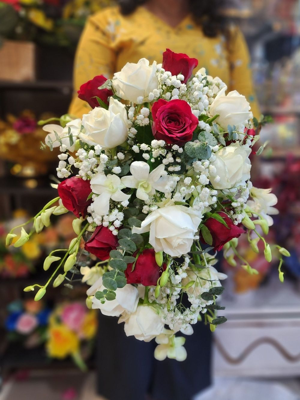 Large Size: Rose Cascading with Baby Breath - Hand bouquet for bride