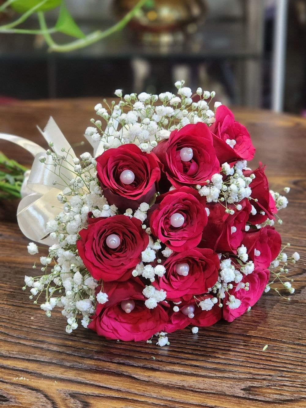 Classic 12 Stalk Red Rose and Baby Breath hand bouquet for bride