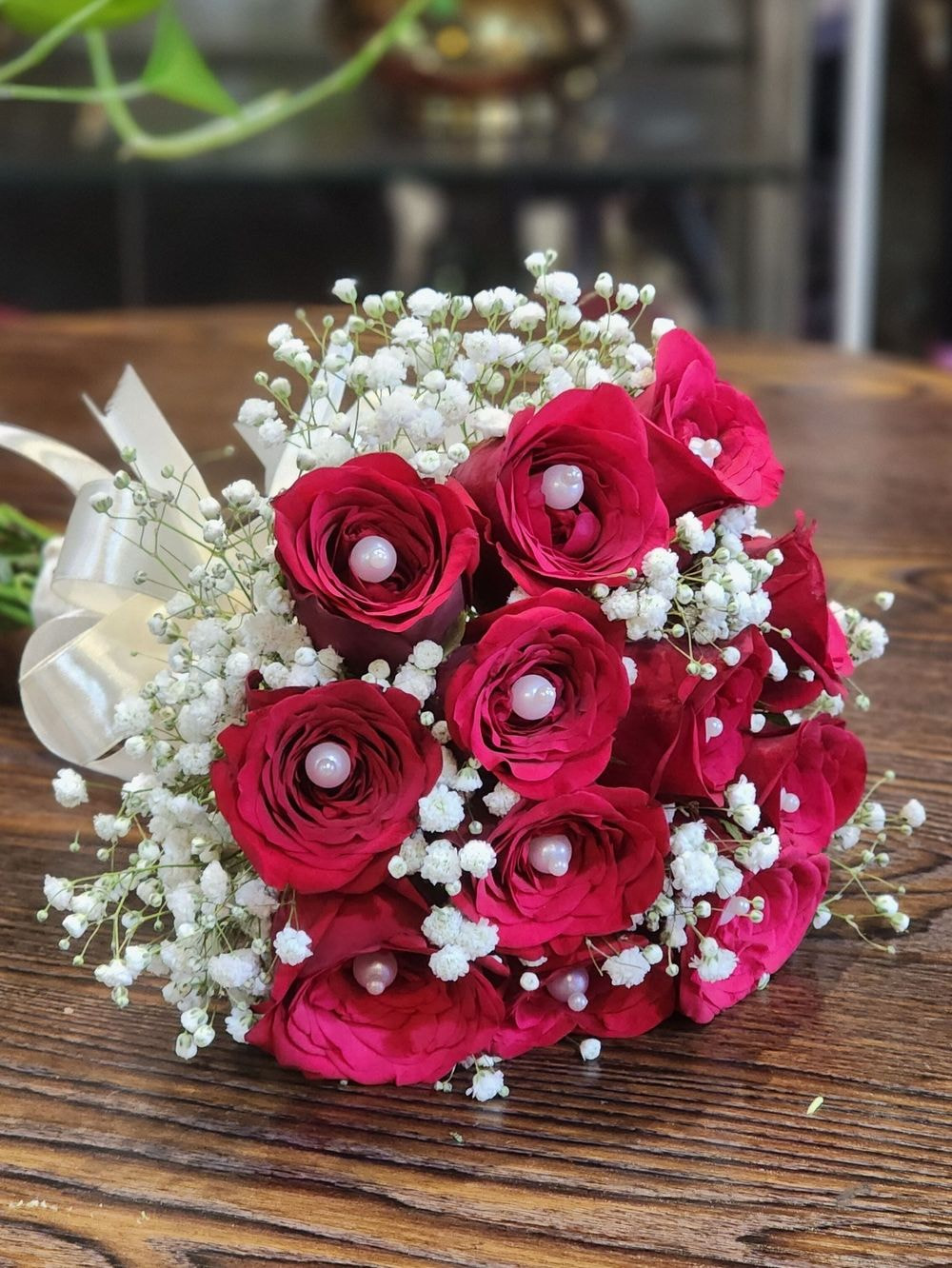 Classic 12 Stalk Red Rose and Baby Breath hand bouquet for bride