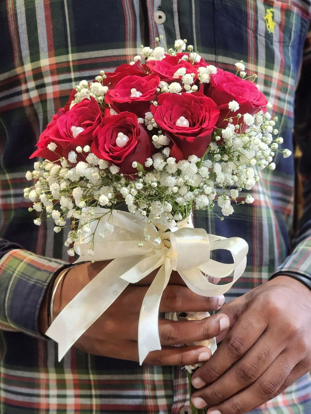 Classic 12 Stalk Red Rose and Baby Breath hand bouquet for bride