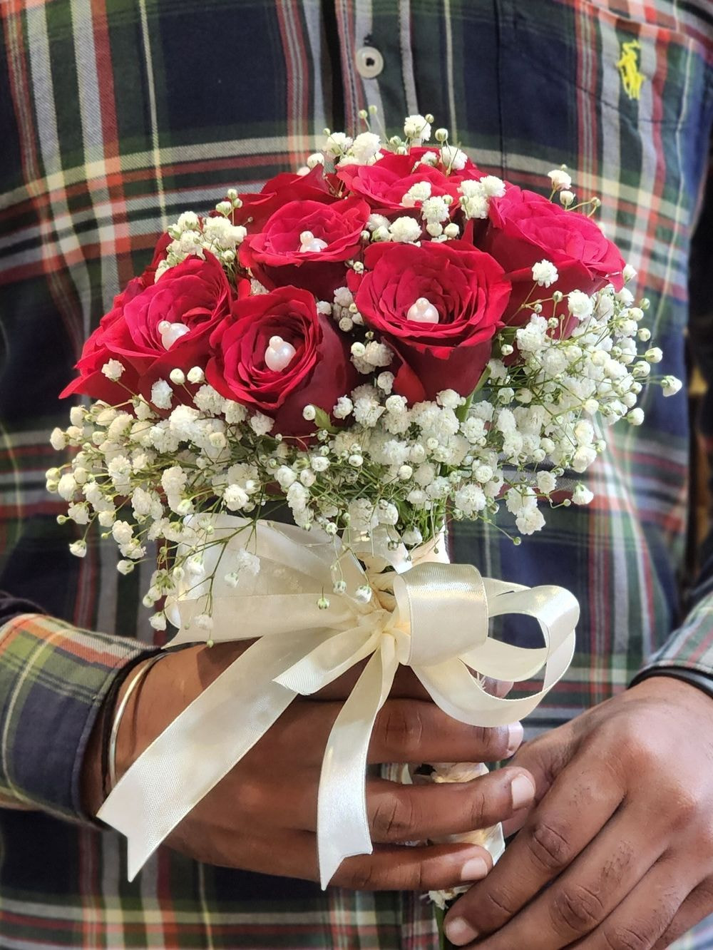 Classic 12 Stalk Red Rose and Baby Breath hand bouquet for bride