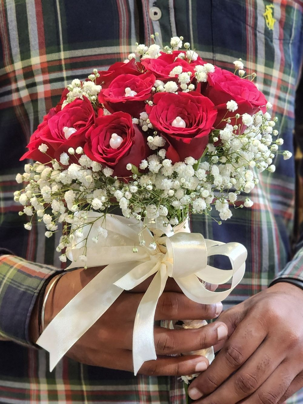 Classic 12 Stalk Red Rose and Baby Breath hand bouquet for bride