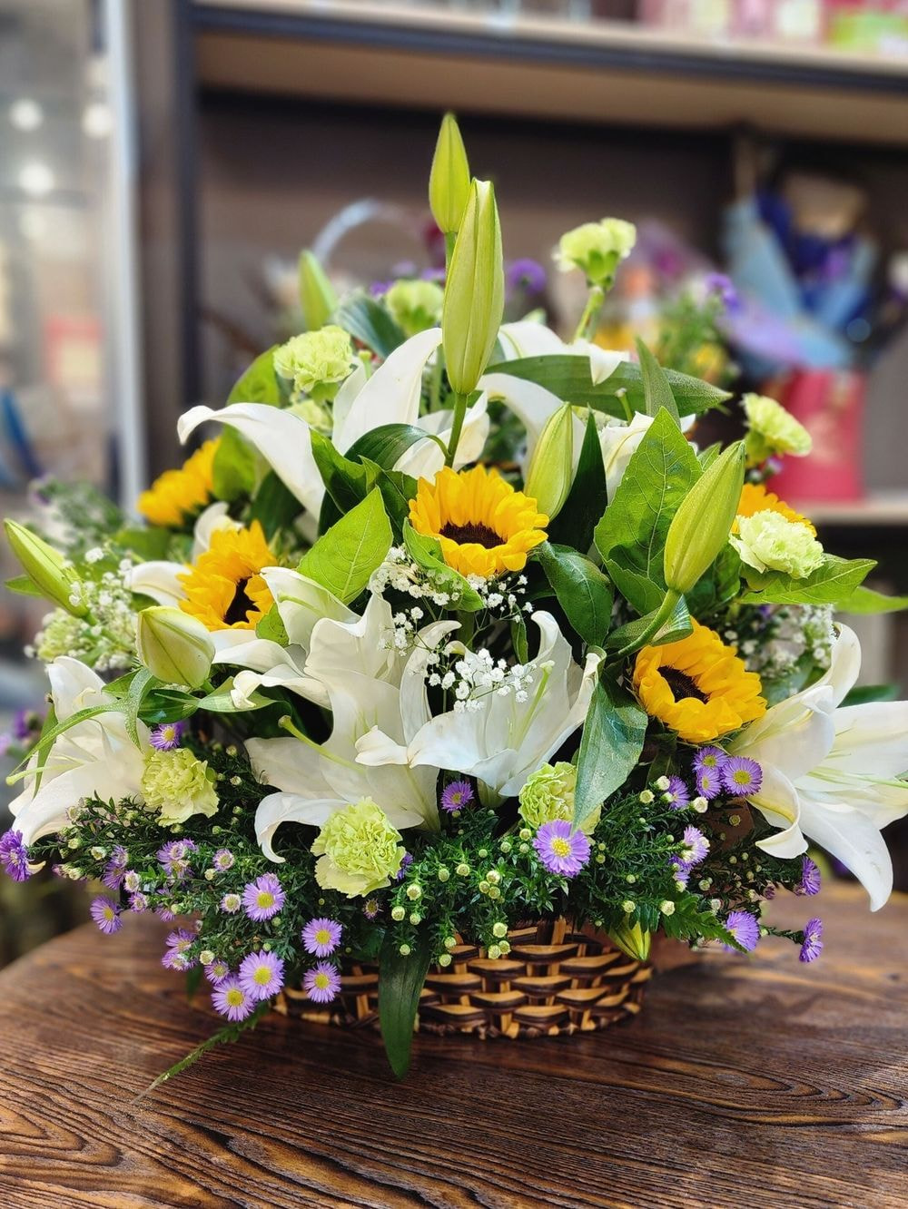 Large size : Customized Sunflower + Lily Themed Basket Arrangement