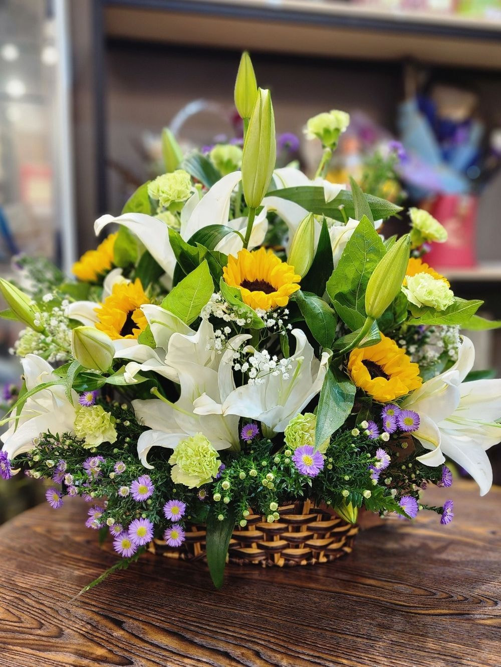 Large size : Customized Sunflower + Lily Themed Basket Arrangement