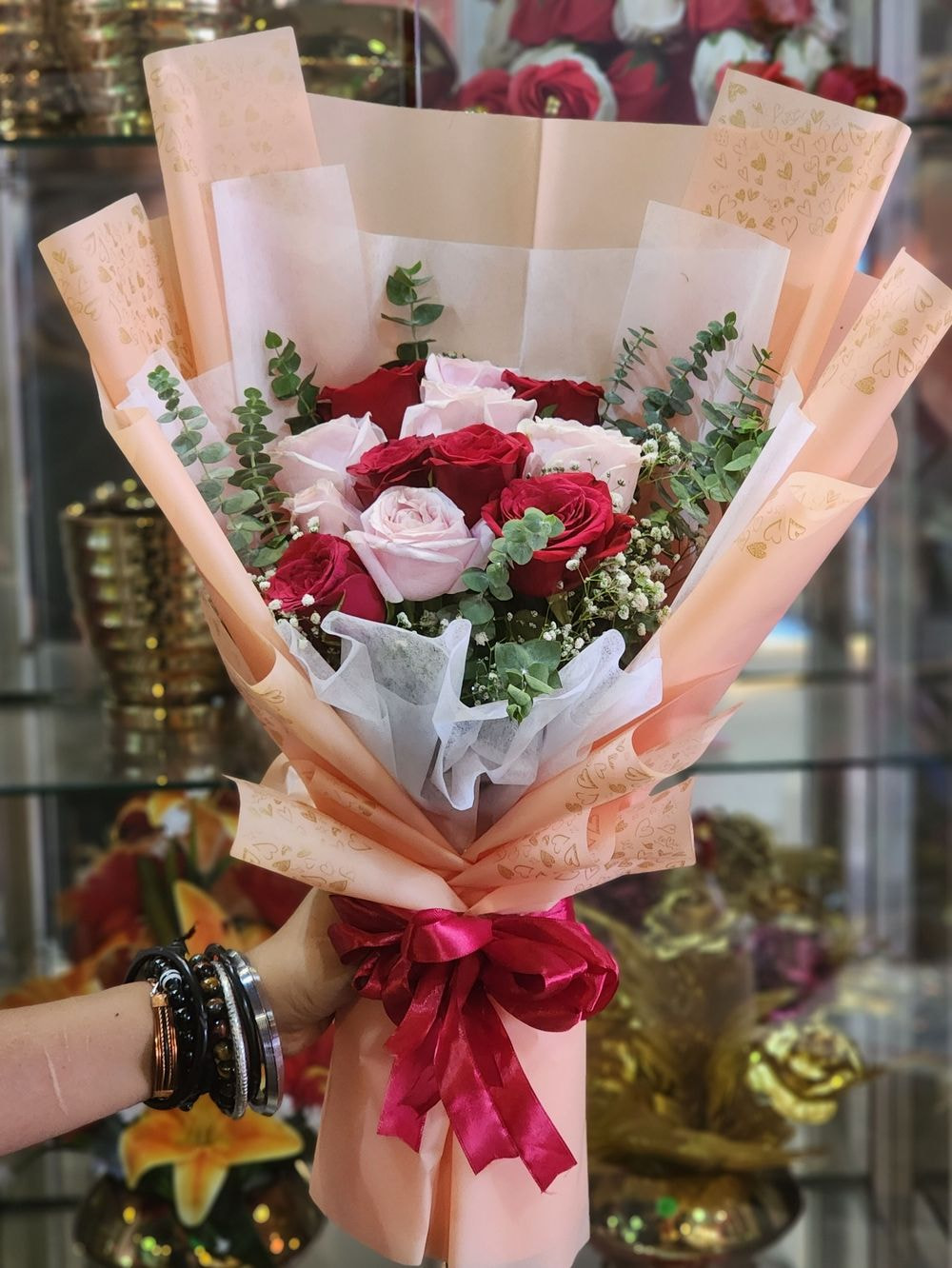 12 Mix Rose Bouquet with Baby's Breathe and Eucalyptus