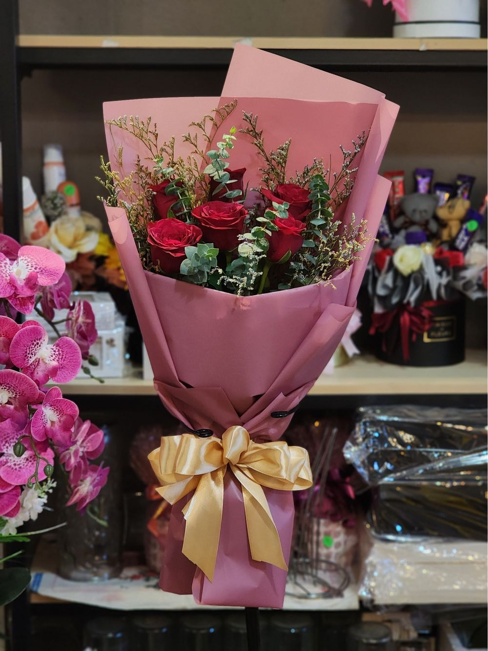 6 Rose Bouquet with Baby's Breathe and Eucalyptus