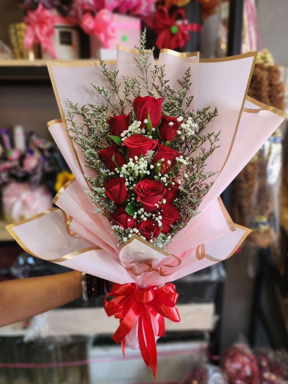 12 Rose Bouquet with Baby's Breathe and Caspia