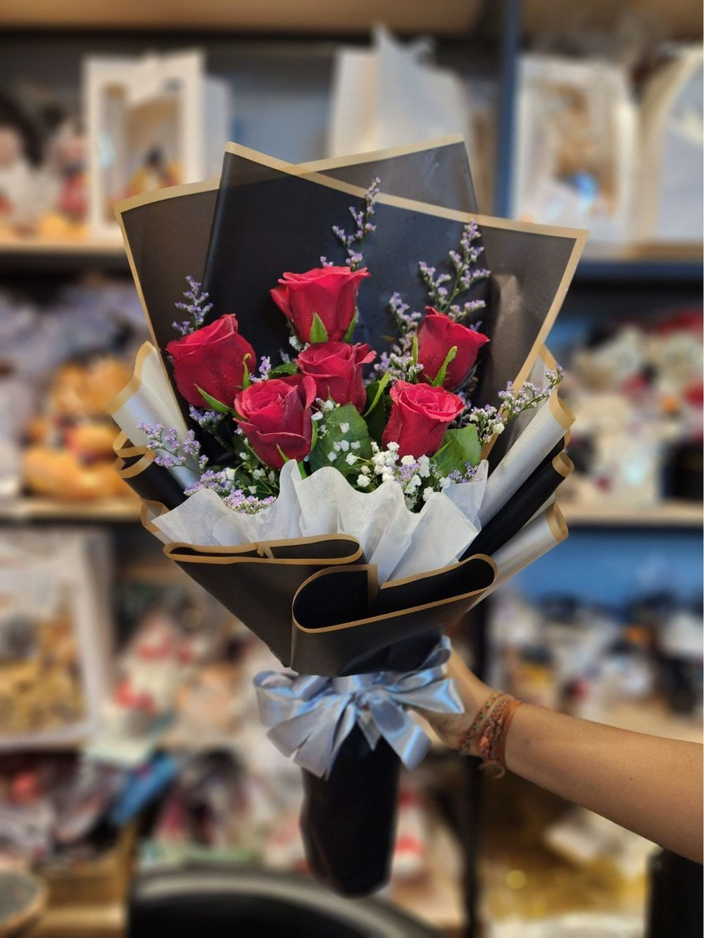 6 Rose Bouquet with Baby's Breathe and Eucalyptus