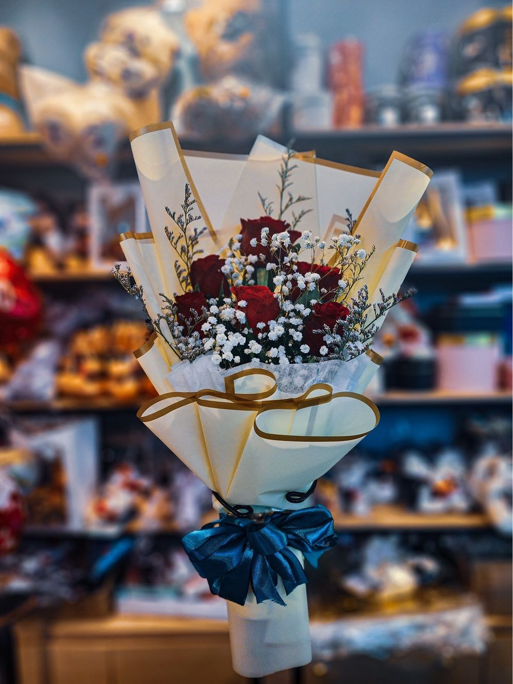 6 Rose Bouquet with Baby's Breathe and Eucalyptus