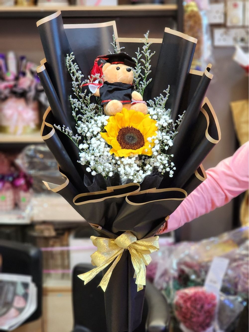 Medium Size : Single Sunflower Graduation Bouquet + Small Teddy Bear + Baby Breath & Caspia