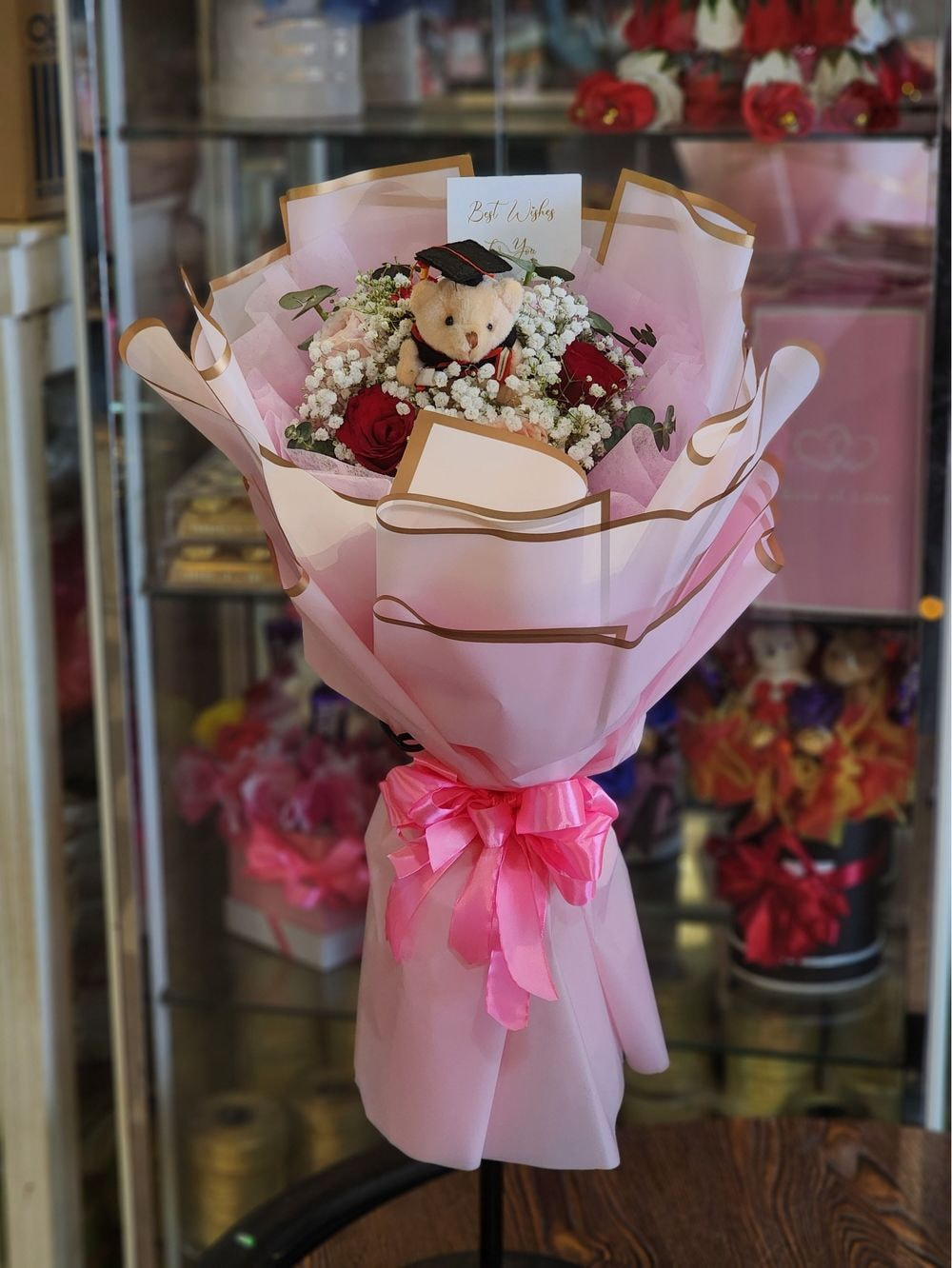 Medium Size : 6 Rose Mix with Baby Breath + Graduation Bouquet + Small Teddy Bear + Baby Breath & Caspia