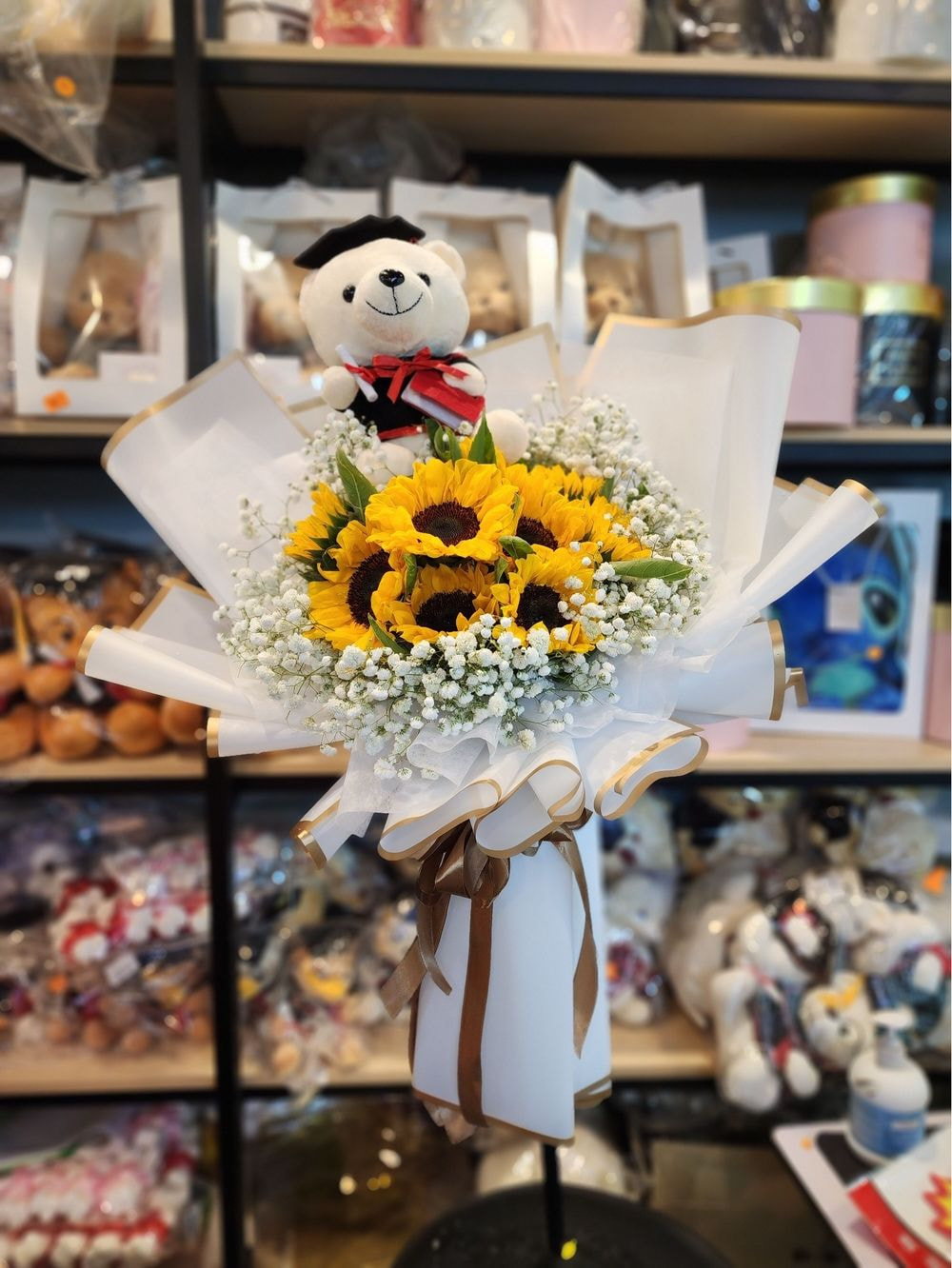 Medium Size :10 Sunflower + Baby Breath Graduation Bouquet + Teddy Bear ( Medium Size)