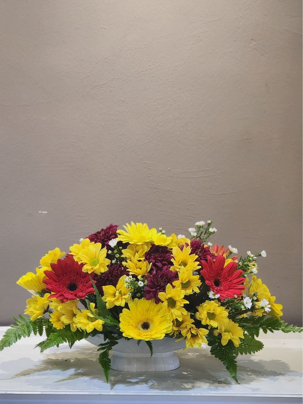 Oval Shape Arrangement Ceramic Pot with Button Flowers