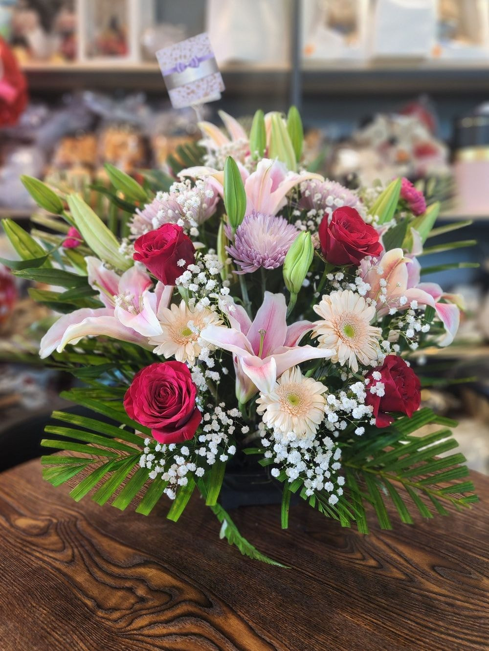 Mix Lily Arrangement with Roses & Daisies ,Baby Breathe