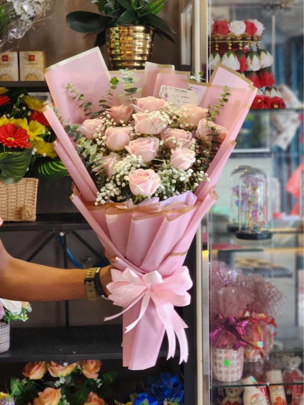 12 Pastel Pink Rose Bouquet with Baby's Breathe and Eucalyptus