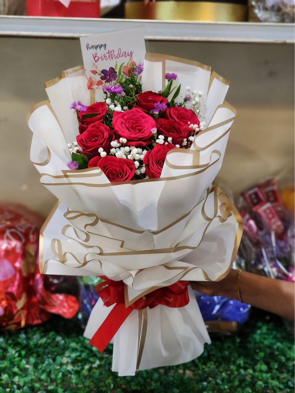 8 Rose Bouquet with Baby's Breathe and Purple Peacock