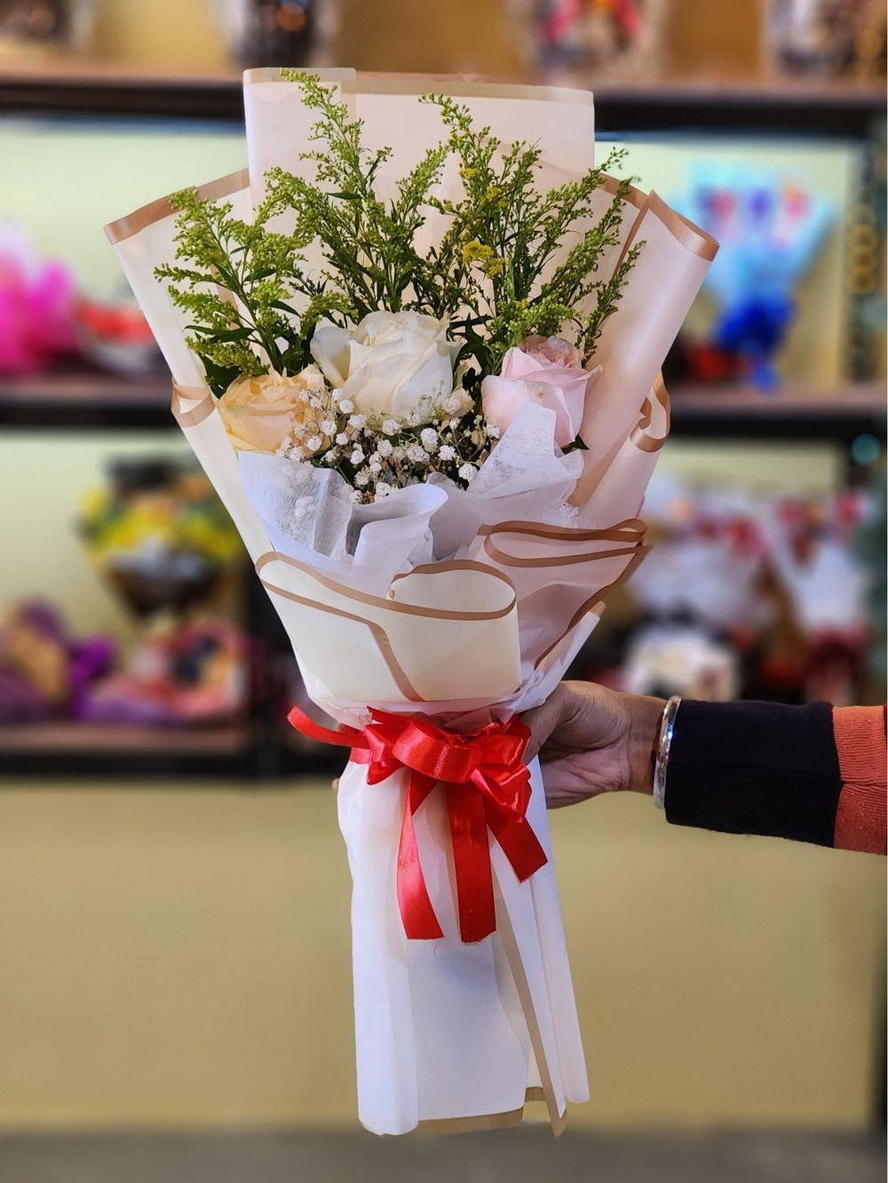 3 Rose Bouquet with Baby's Breathe and Yellow Peacock