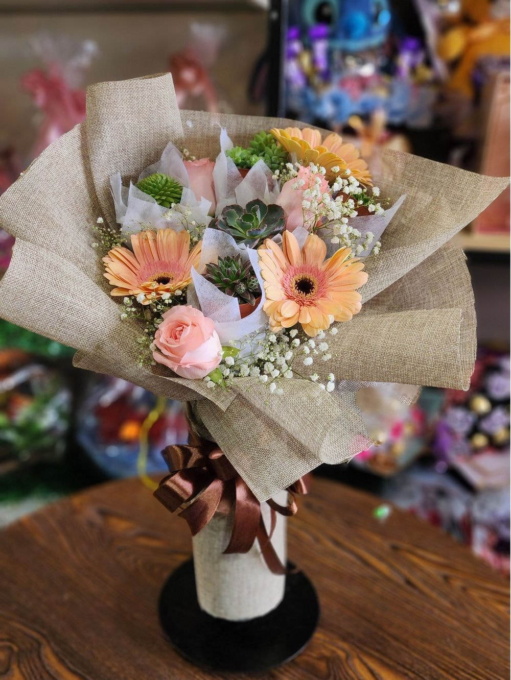 7 Flowers + 3 Types Succulent Plant Bouquet with Eucalyptus 