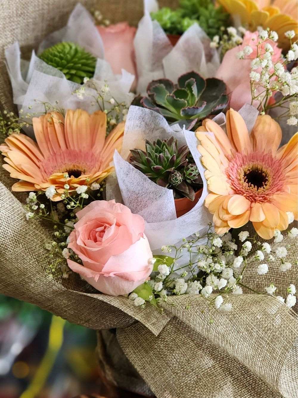 7 Flowers + 3 Types Succulent Plant Bouquet with Eucalyptus 