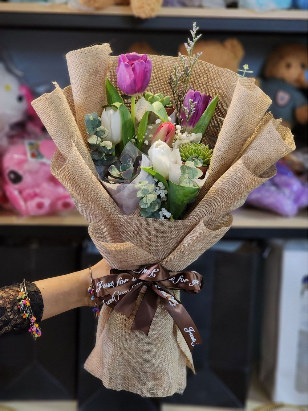 5 Tulip Flowers + 3 Types Succulent Plant Bouquet with Eucalyptus