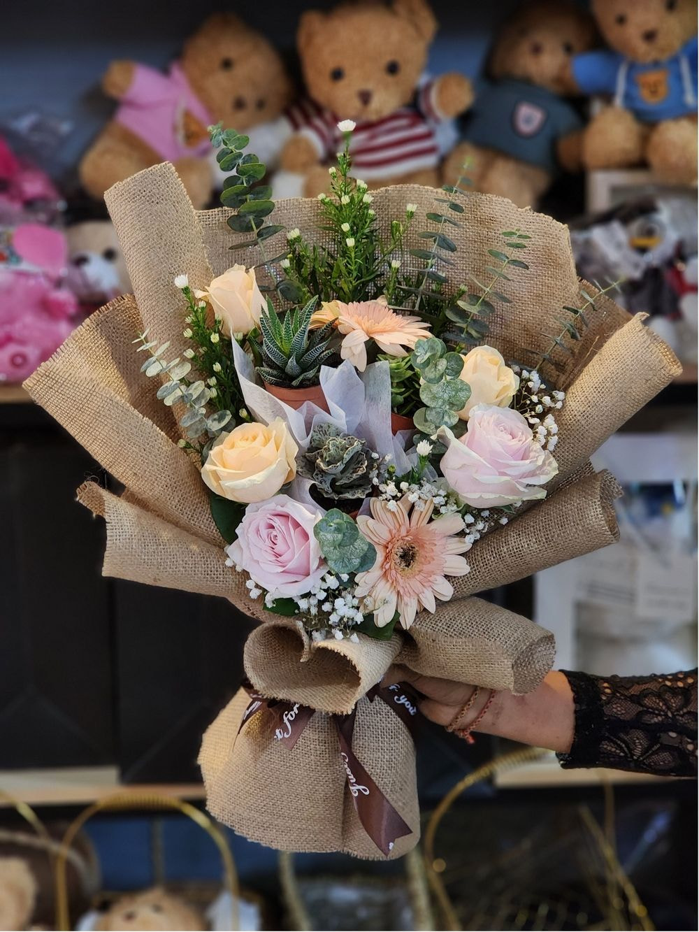 7 Flowers + 3 Types Succulent Plant Bouquet with Eucalyptus