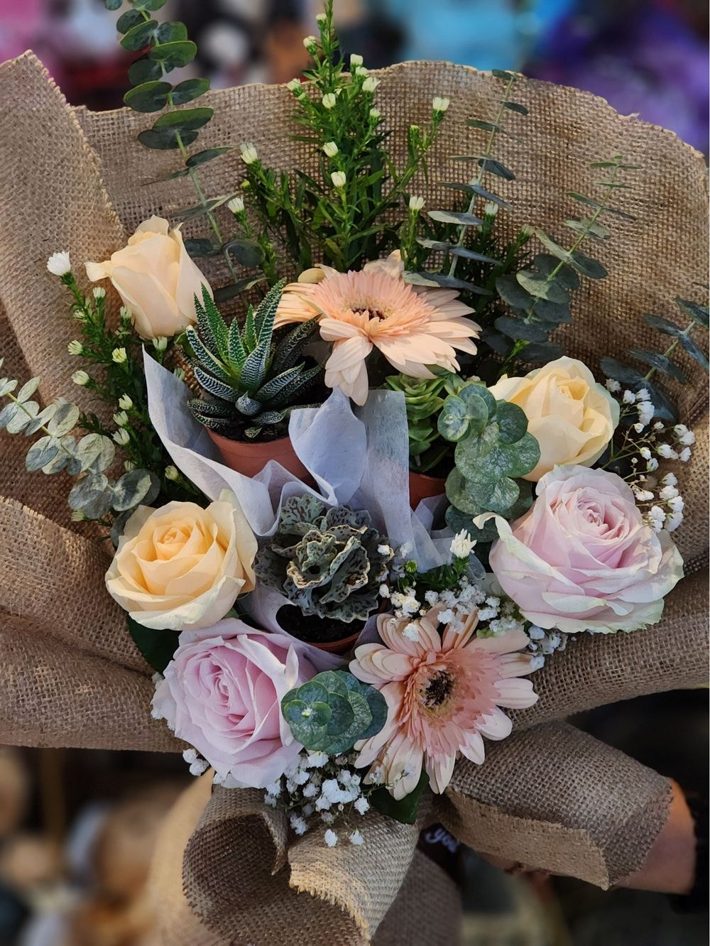 7 Flowers + 3 Types Succulent Plant Bouquet with Eucalyptus