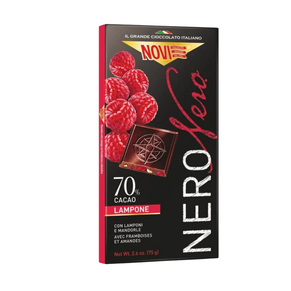 NOVI TEMNA ČOKOLADA Z MALINAMI IN MLETIMI KARAMELIZIRANIMI MANDLJI, 75 g