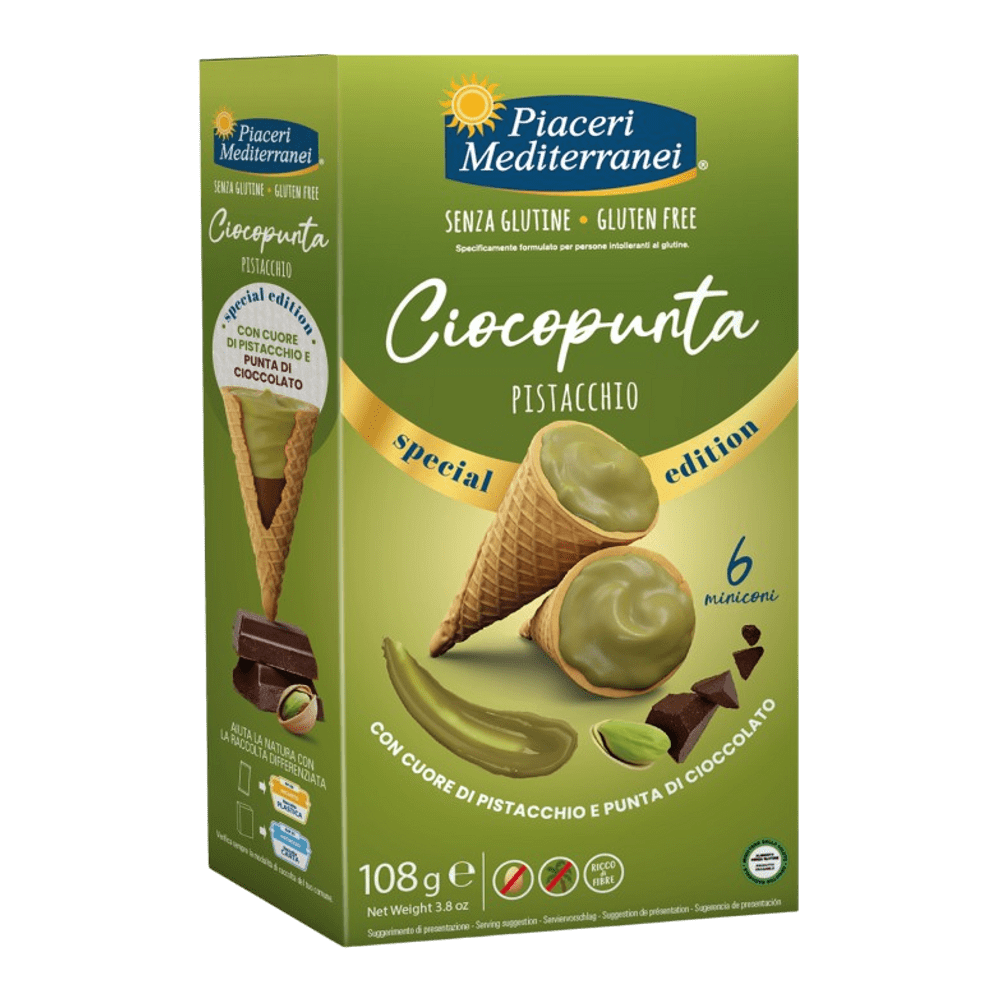 PIACERI MEDITERRANEI MINI KORNETI S PISTACIJEVO KREMO, (6 X 18 g) 108 g