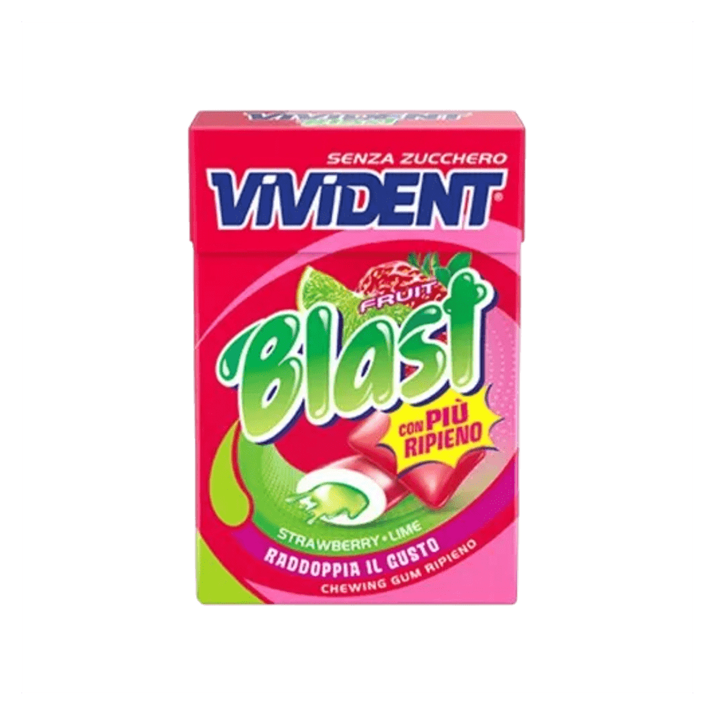 VIVIDENT BLAST ŽVEČILNI GUMI Z OKUSOM JAGODE IN LIMETE, BREZ SLADKORJA IN S SLADILI, 30 g