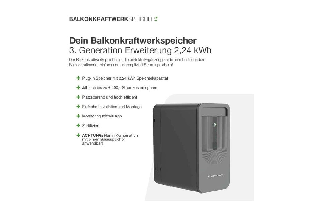 Balkonkraftwerkspeicher 3. Generation 4,48 kWh Basis und Erweiterung GreenSolar