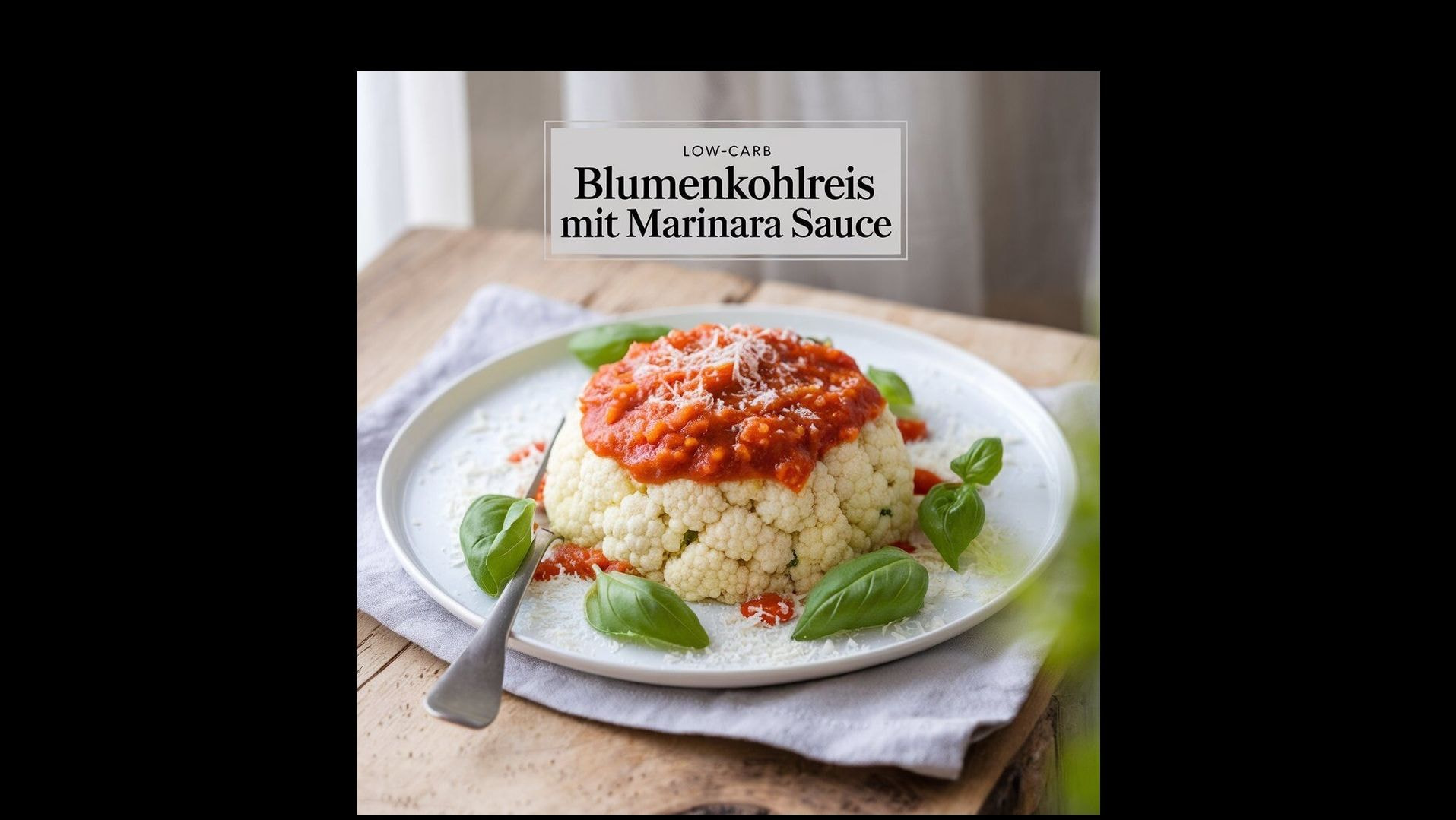 Plato saludable de arroz de coliflor bajo en carbohidratos con marinara, queso y albahaca en mesa rústica. Plato saludable de arroz de coliflor bajo en carbohidratos con marinara, queso y albahaca en mesa rústica.