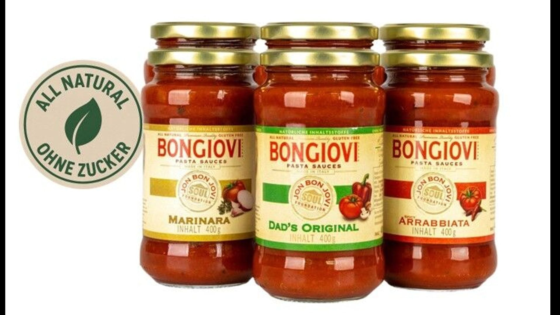 Drei Gläser Bongiovi Saucen: Marinara, Original und Arrabbiata, natürlich und zuckerfrei. Drei Gläser Bongiovi Saucen: Marinara, Original und Arrabbiata, natürlich und zuckerfrei.