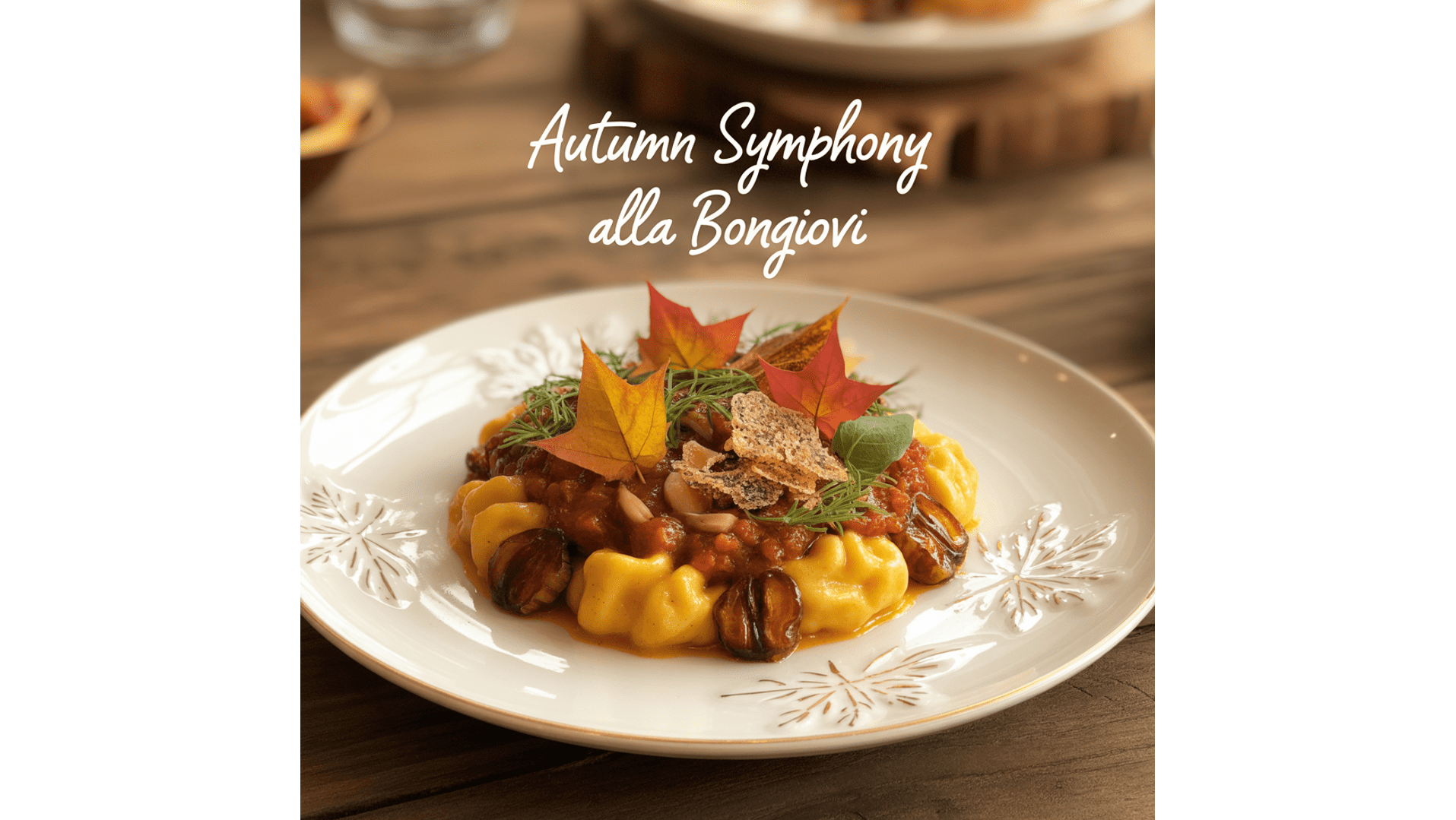 Herbstliches Pastagericht mit Tomatensauce und Kastanien auf rustikalem Tisch. Herbstliches Pastagericht mit Tomatensauce und Kastanien auf rustikalem Tisch.