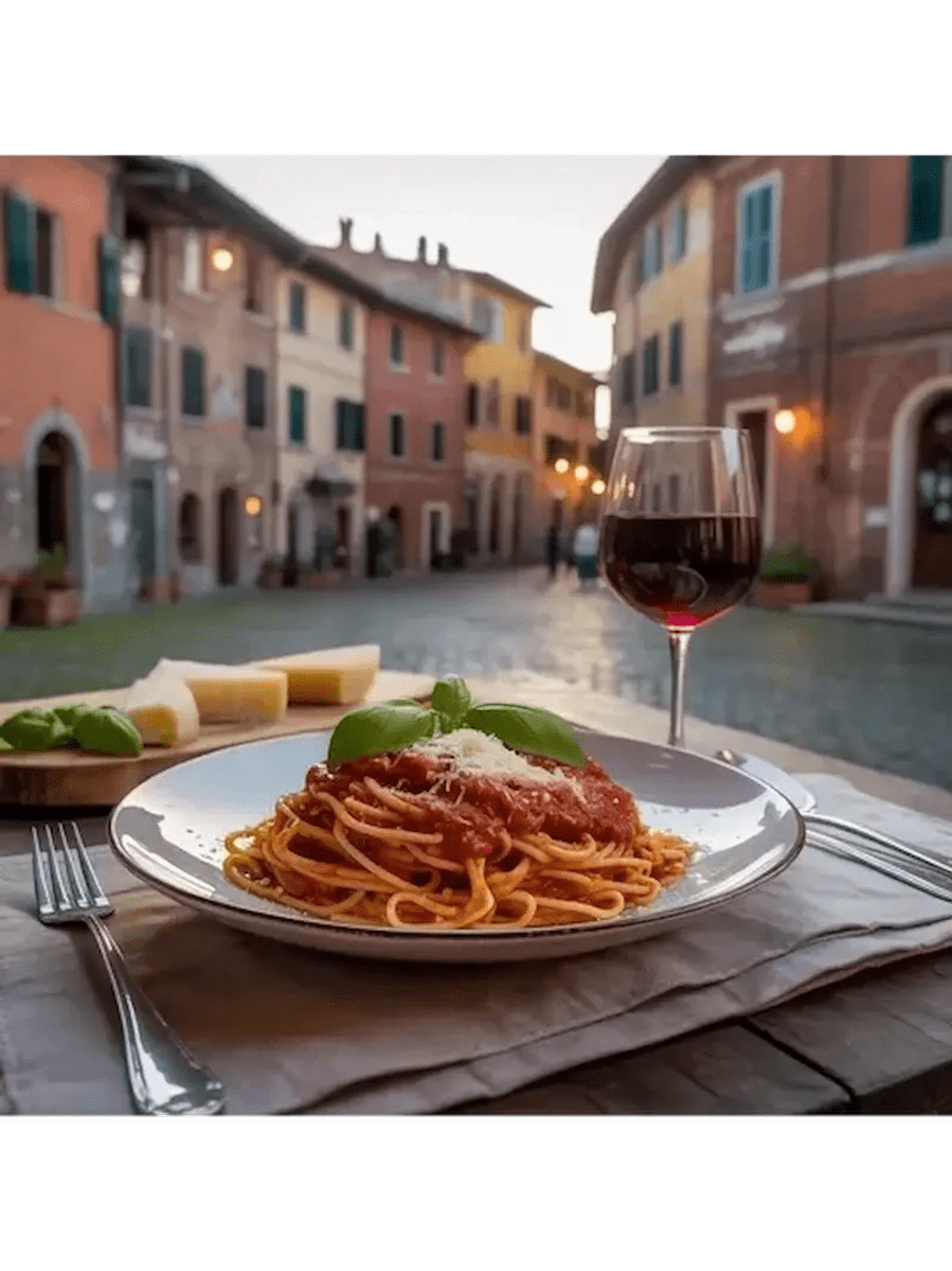 Plate of spaghetti with tomato sauce in a picturesque Italian street