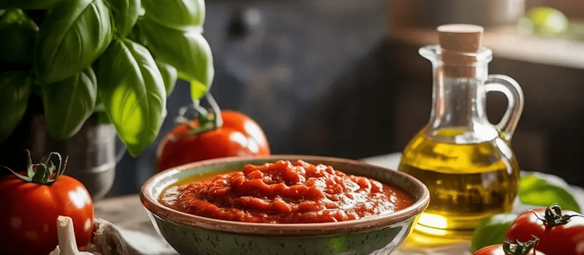 Cuenco con salsa de tomate afrutada sobre una mesa de cocina, rodeado de tomates frescos, albahaca y aceite de oliva – base ideal para recetas italianas e internacionales. Cuenco con salsa de tomate afrutada sobre una mesa de cocina, rodeado de tomates frescos, albahaca y aceite de oliva – base ideal para recetas italianas e internacionales.