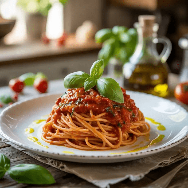 Espaguetis marinara con salsa Marinara Bongiovi, servidos en un plato blanco y decorados con albahaca fresca y aceite de oliva – un clásico plato de pasta italiana. Espaguetis marinara con salsa Marinara Bongiovi, servidos en un plato blanco y decorados con albahaca fresca y aceite de oliva – un clásico plato de pasta italiana.