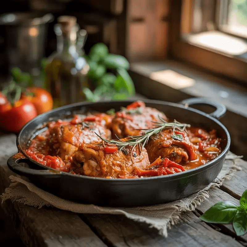 Pollo a la cacciatore con pollo tierno guisado en salsa de tomate Bongiovi, servido en sartén con hierbas frescas – un plato italiano rústico y aromático. Pollo a la cacciatore con pollo tierno guisado en salsa de tomate Bongiovi, servido en sartén con hierbas frescas – un plato italiano rústico y aromático.