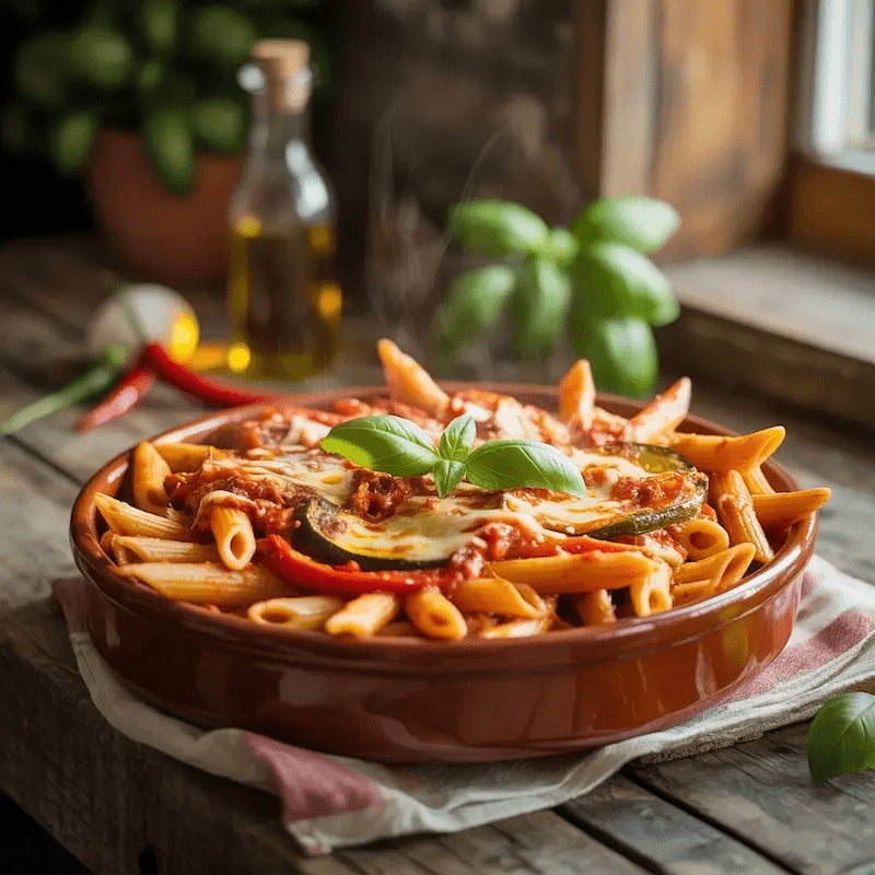 Pasta al horno vegetariana arrabbiata con pasta al dente, verduras y salsa de tomate Bongiovi Arrabbiata picante, horneada y decorada con albahaca fresca. Pasta al horno vegetariana arrabbiata con pasta al dente, verduras y salsa de tomate Bongiovi Arrabbiata picante, horneada y decorada con albahaca fresca.