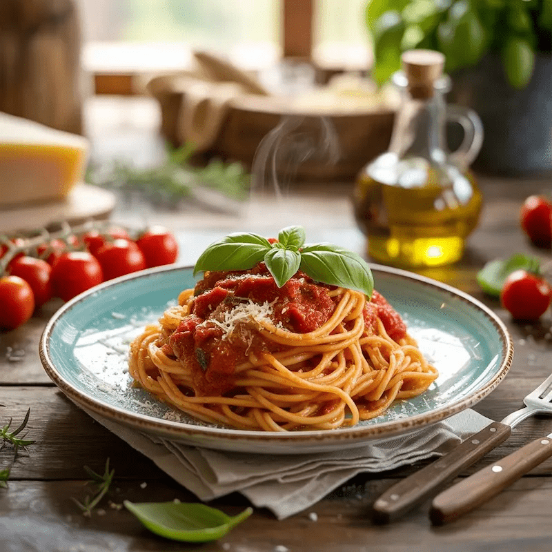 Spaghetti Marinara mit frischer Tomatensauce auf rustikalem Holztisch