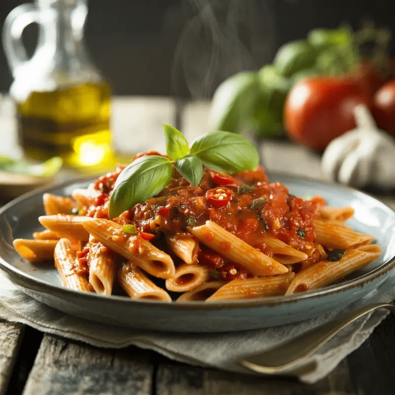 Würzige Penne Arrabbiata mit Tomatensauce, Chili und frischem Basilikum auf rustikalem Holztisch Würzige Penne Arrabbiata mit Tomatensauce, Chili und frischem Basilikum auf rustikalem Holztisch