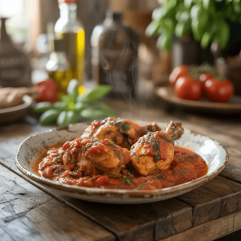 Plato italiano contundente con la salsa de tomate original de Bongiovi Dad sobre una mesa de madera rústica