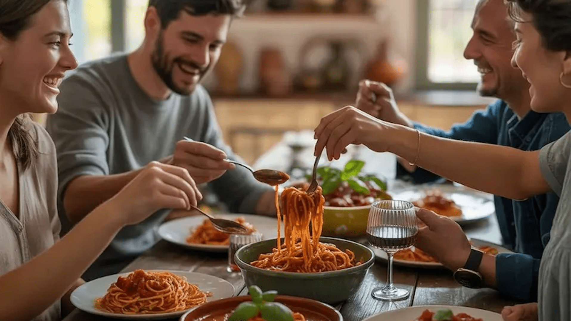 Freunde genießen gemeinsam Pasta mit Tomatensauce bei einem Essen zu Hause Freunde genießen gemeinsam Pasta mit Tomatensauce bei einem Essen zu Hause