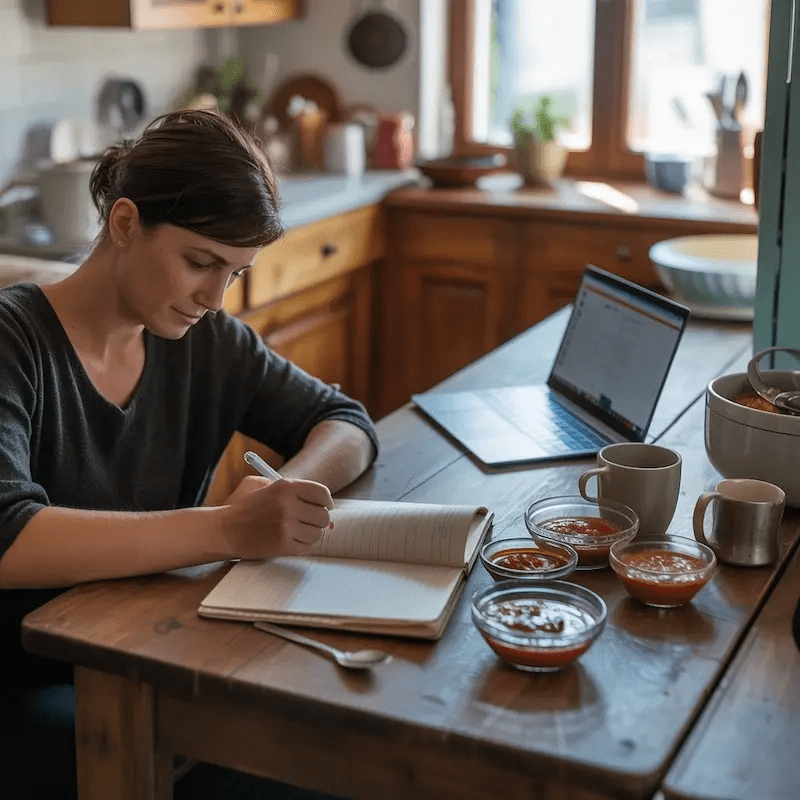 Person notiert ihre Erfahrungen mit verschiedenen Tomatensaucen zu Hause Person notiert ihre Erfahrungen mit verschiedenen Tomatensaucen zu Hause