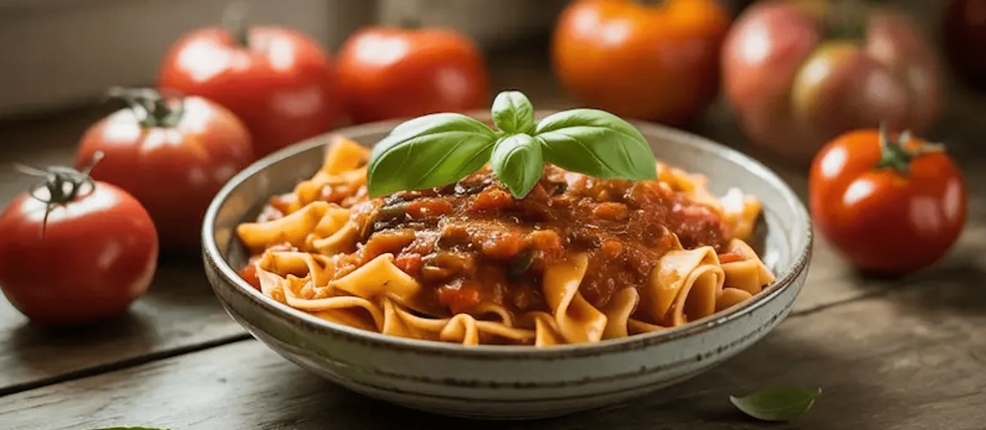 Pasta mit Tomatensauce, frische Tomaten und Basilikum auf einem Holztisch bei natürlichem Licht.