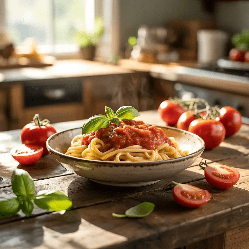 Schale Pasta mit Tomatensauce, frischen Tomaten und Basilikum in einer ruhigen Küche bei natürlichem Tageslicht – authentische Food-Szene von Bongiovi. Schale Pasta mit Tomatensauce, frischen Tomaten und Basilikum in einer ruhigen Küche bei natürlichem Tageslicht – authentische Food-Szene von Bongiovi.