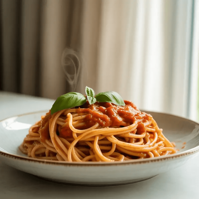 Pasta-Teller mit Spaghetti und Tomatensauce, garniert mit frischem Basilikum, serviert bei natürlichem Licht in ruhiger Atmosphäre. Pasta-Teller mit Spaghetti und Tomatensauce, garniert mit frischem Basilikum, serviert bei natürlichem Licht in ruhiger Atmosphäre.