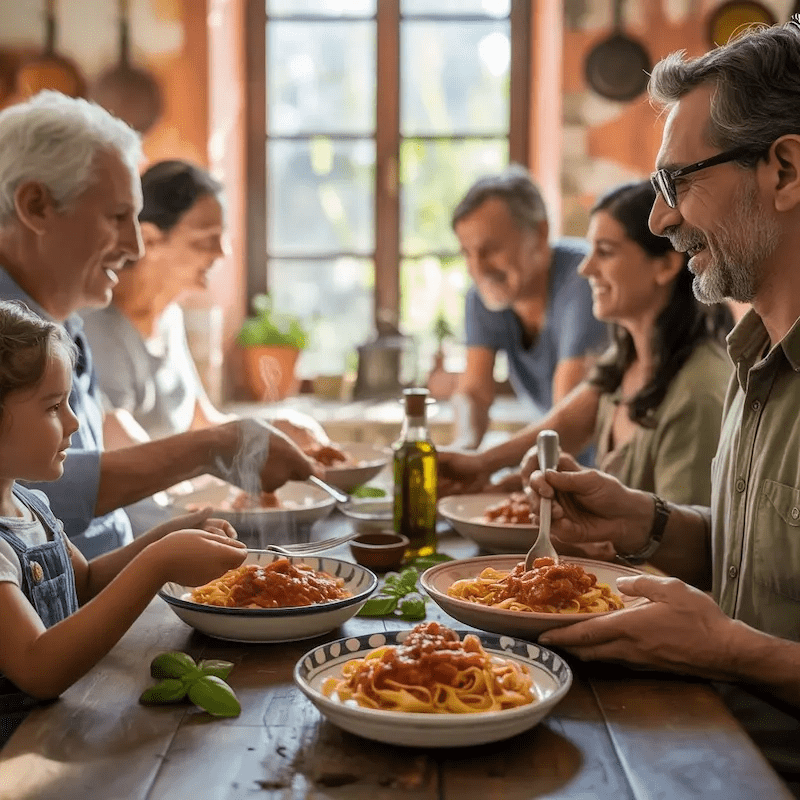 Familie genießt gemeinsam Pasta mit italienischer Tomatensauce – authentische Küche, Tradition und Familienrezept.
